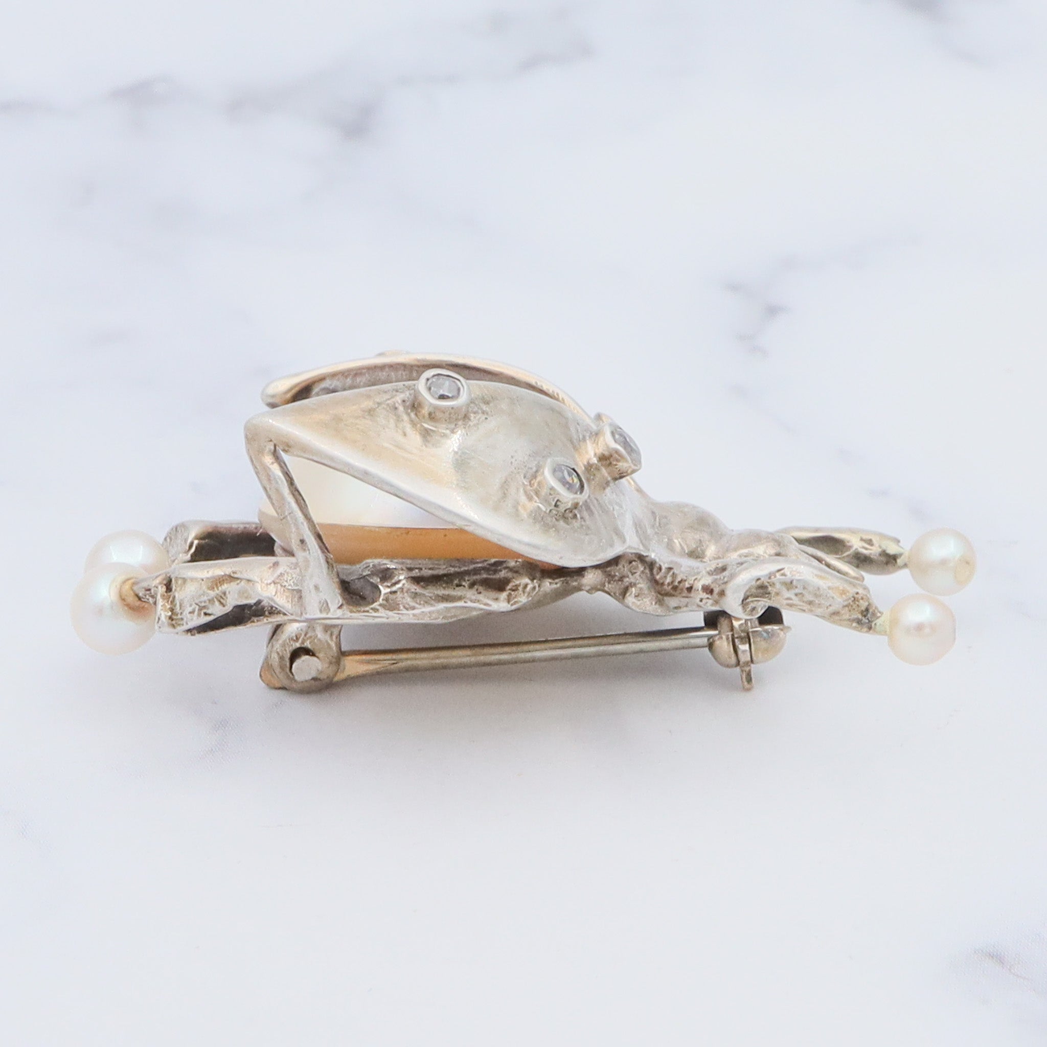 Vintage handmade gilt sterling brooch with mabe pearl & cubic zirconia